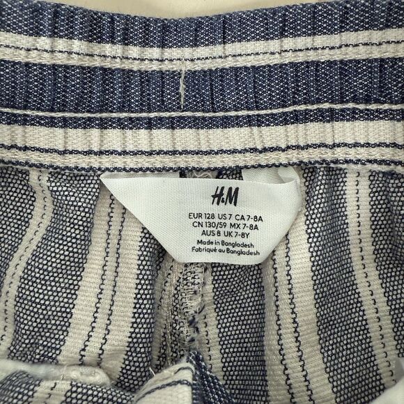 H&M Boys Striped Cotton Pants Size 7-8Y Blue White Roll Tab Cuffed Drawstring - Picture 4 of 11